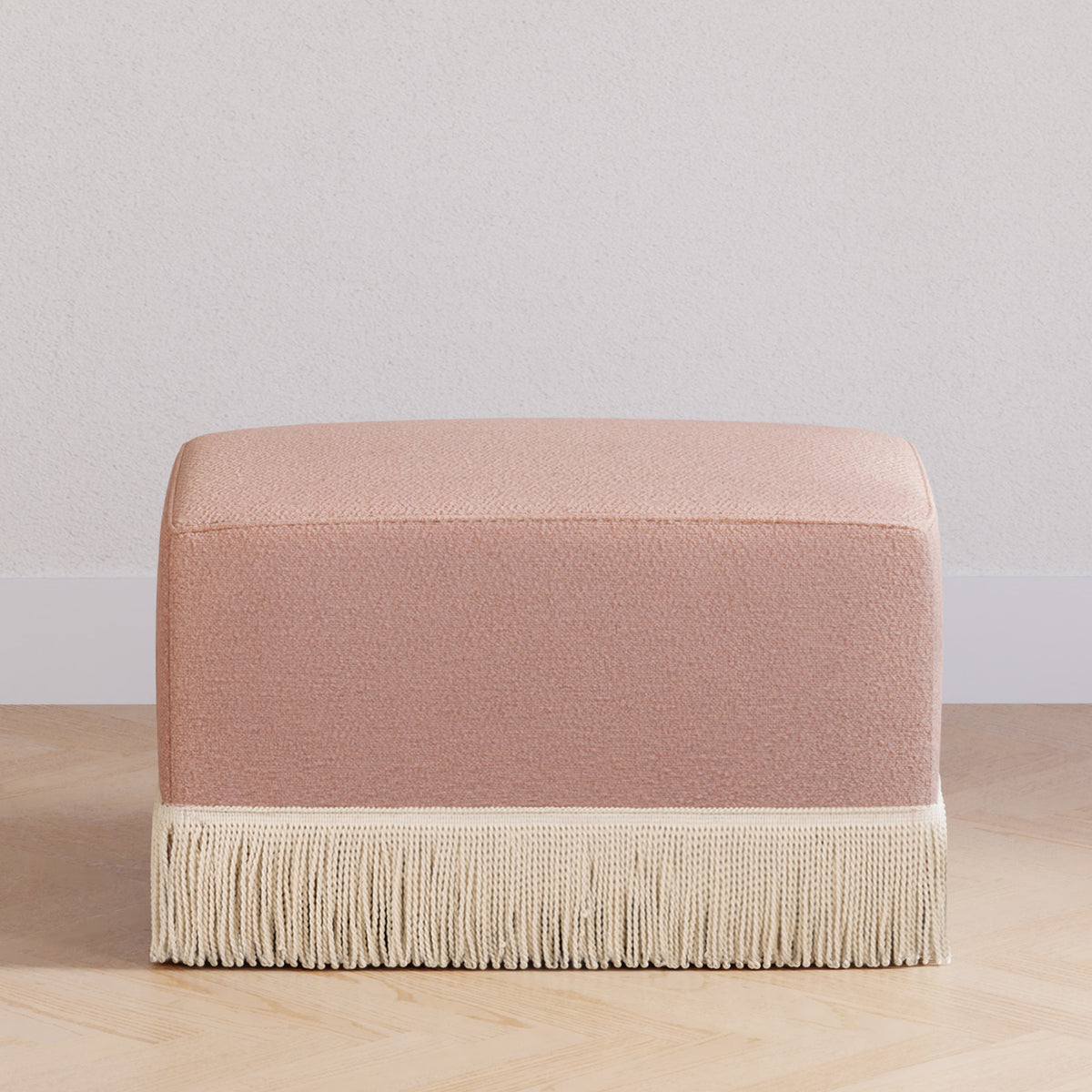 M21785RSBIF,Namesake,Crawford Gliding Ottoman in Rose Boucle with Ivory Tassel Fringe