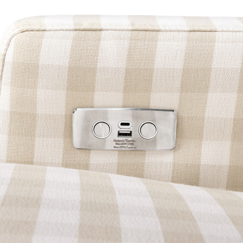 M22286TGHLB,Crewe Electronic Swivel Glider Recliner in Tan Gingham with Light Wood Base