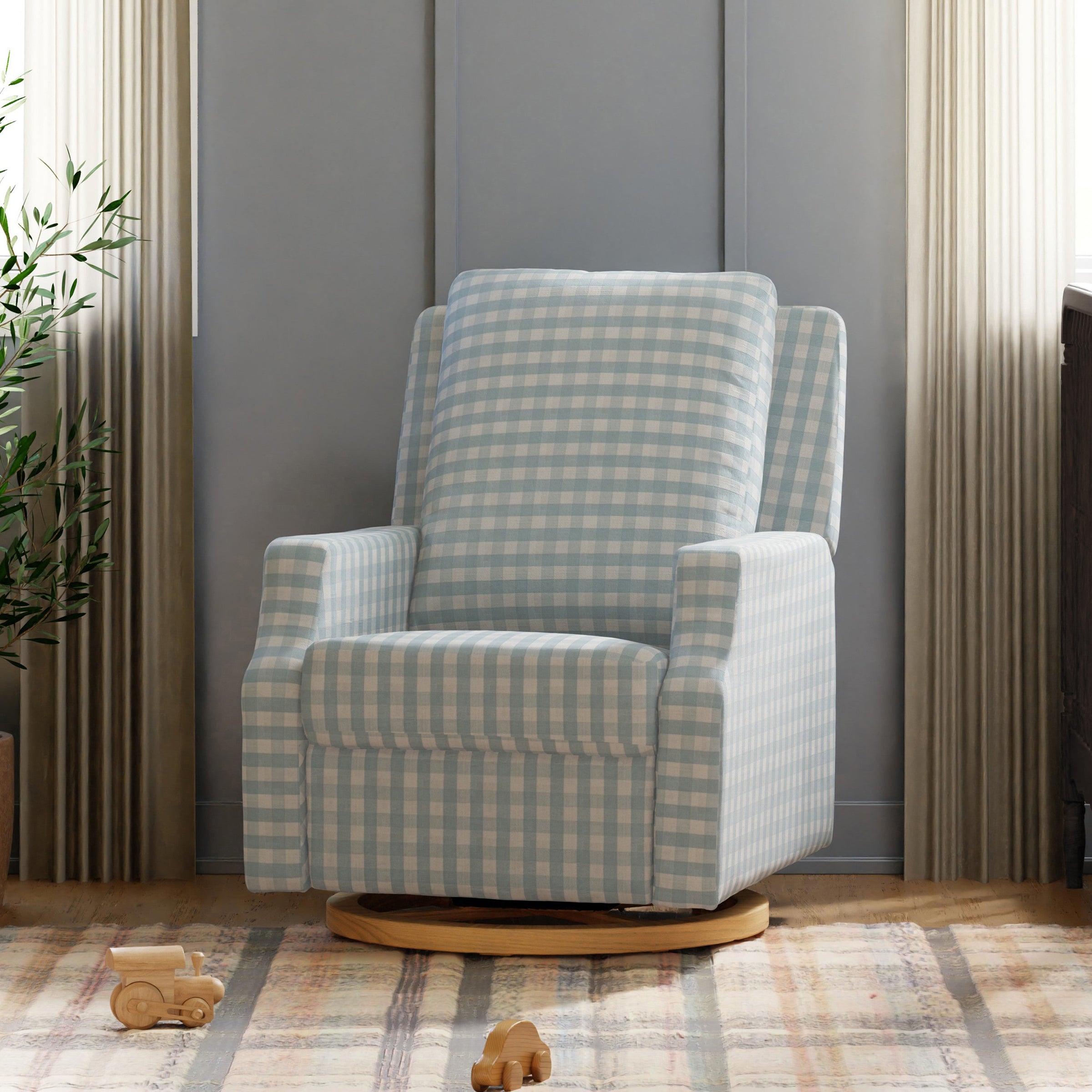 M22286BGHLB,Crewe Electronic Swivel Glider Recliner in Blue Gingham with Light Wood Base