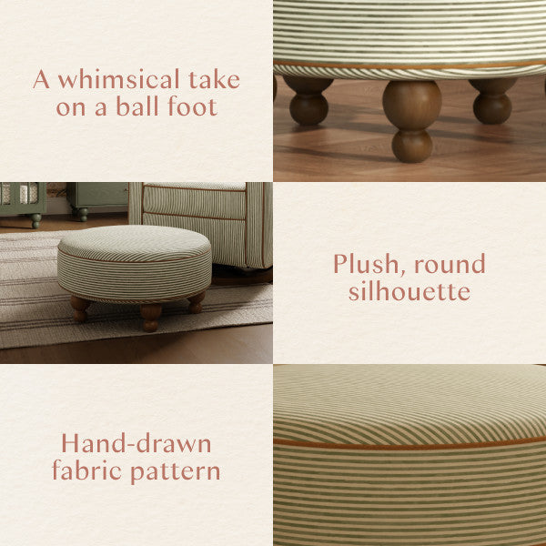 M33385OSCTF,Nate Berkus x Babyletto Astre Ottoman in Perf Olive Stripe Eco-Crossweave w/Toffee feet