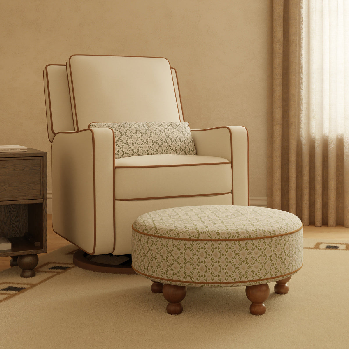 M33385OSRCTF,Nate Berkus x Babyletto Astre Ottoman in Perf Olive Star Eco-Crossweave w/Toffee feet