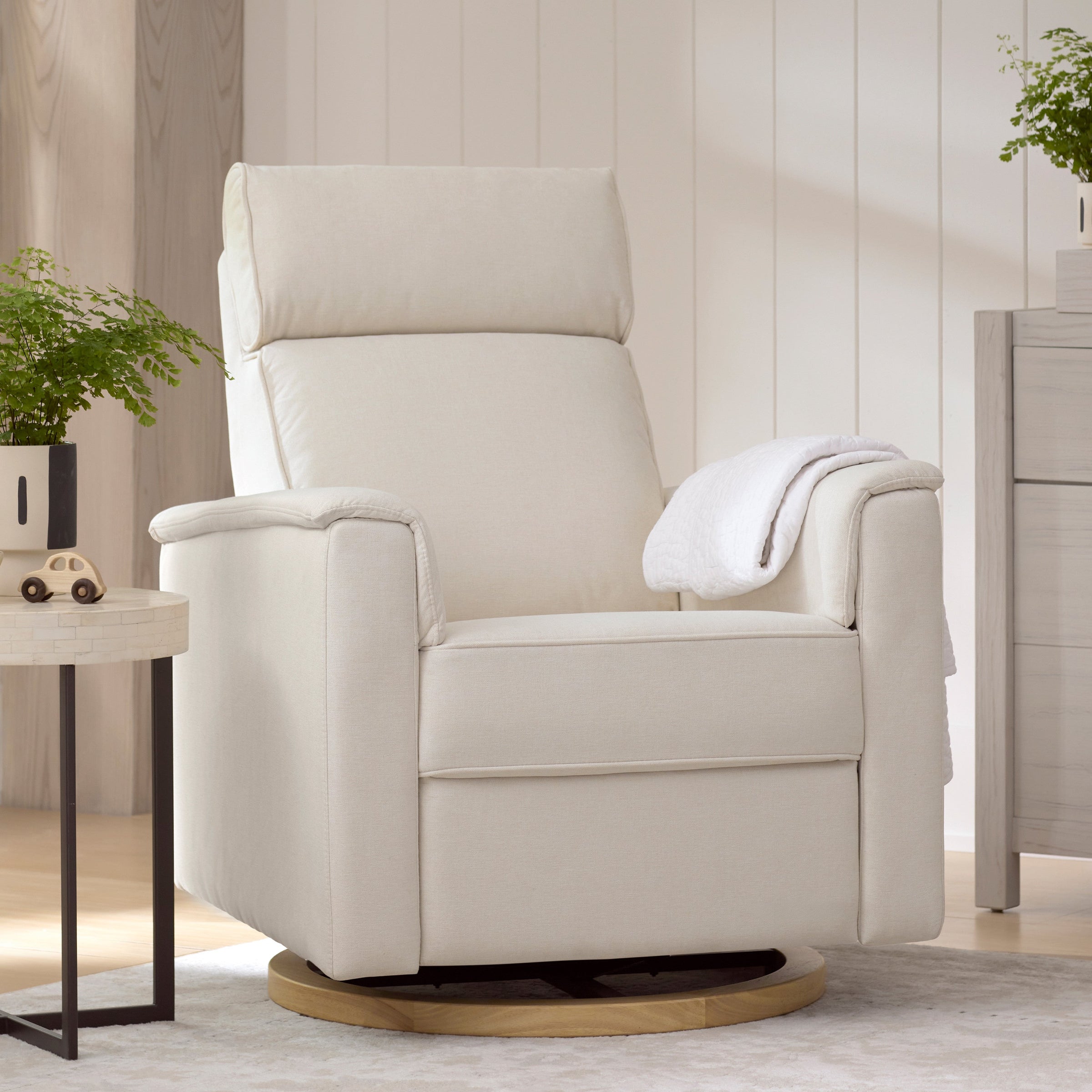 B17186PCMEWLB,Willa Plus Power Glider Recliner w/ Power Headrest in Performance Cream Eco-Weave w/Light Wood base
