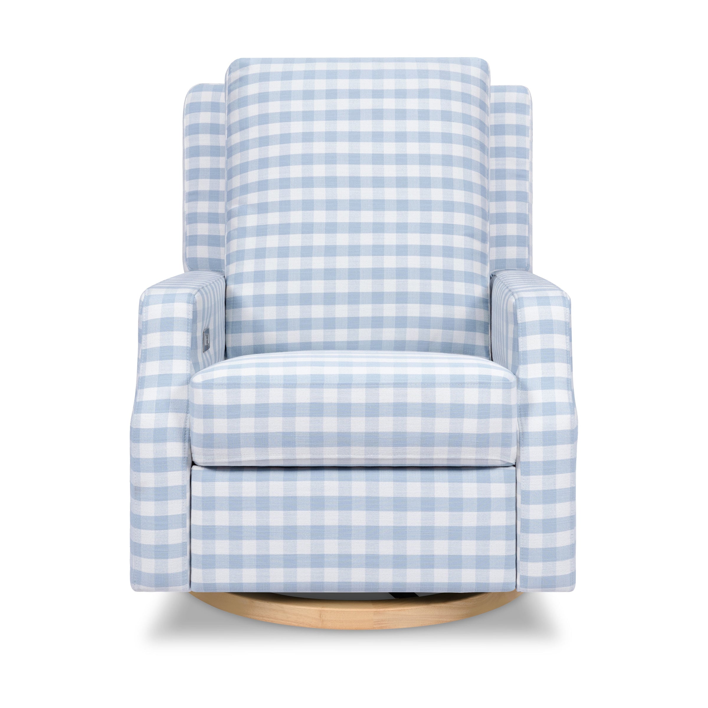 M22286BGHLB,Crewe Electronic Swivel Glider Recliner in Blue Gingham with Light Wood Base