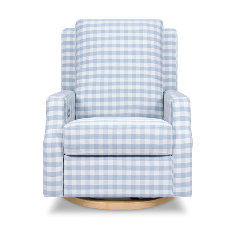 M22286BGHLB,Crewe Electronic Swivel Glider Recliner in Blue Gingham with Light Wood Base