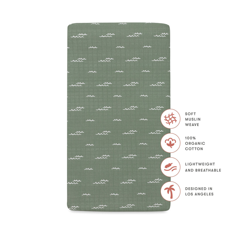 T27135,Ocean Waves Muslin Crib Sheet in GOTS Certified Organic Cotton