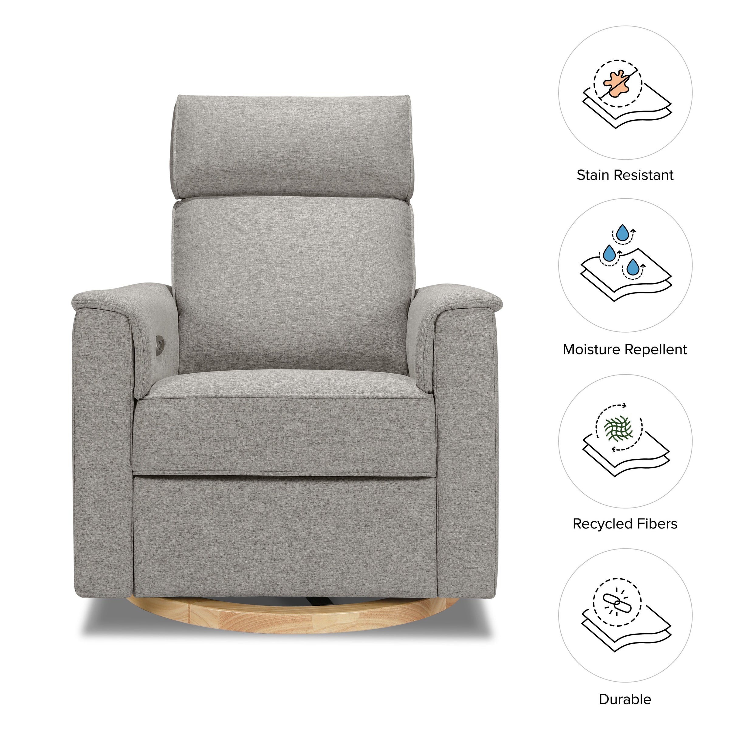 B17186PGEWLB,Willa Plus Power Glider Recliner w/ Power Headrest in Performance Grey Eco-Weave w/Light Wood Base