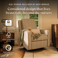 M23085OSCTB,Nate Berkus x Babyletto Sigi Power Recliner in Perf Olive Stripe Eco-Crossweave w/Toffee Base