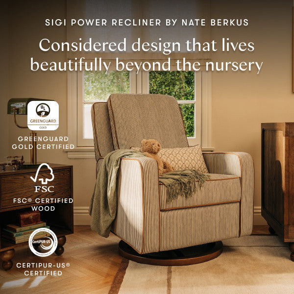 M23085OSCTB,Nate Berkus x Babyletto Sigi Power Recliner in Perf Olive Stripe Eco-Crossweave w/Toffee Base