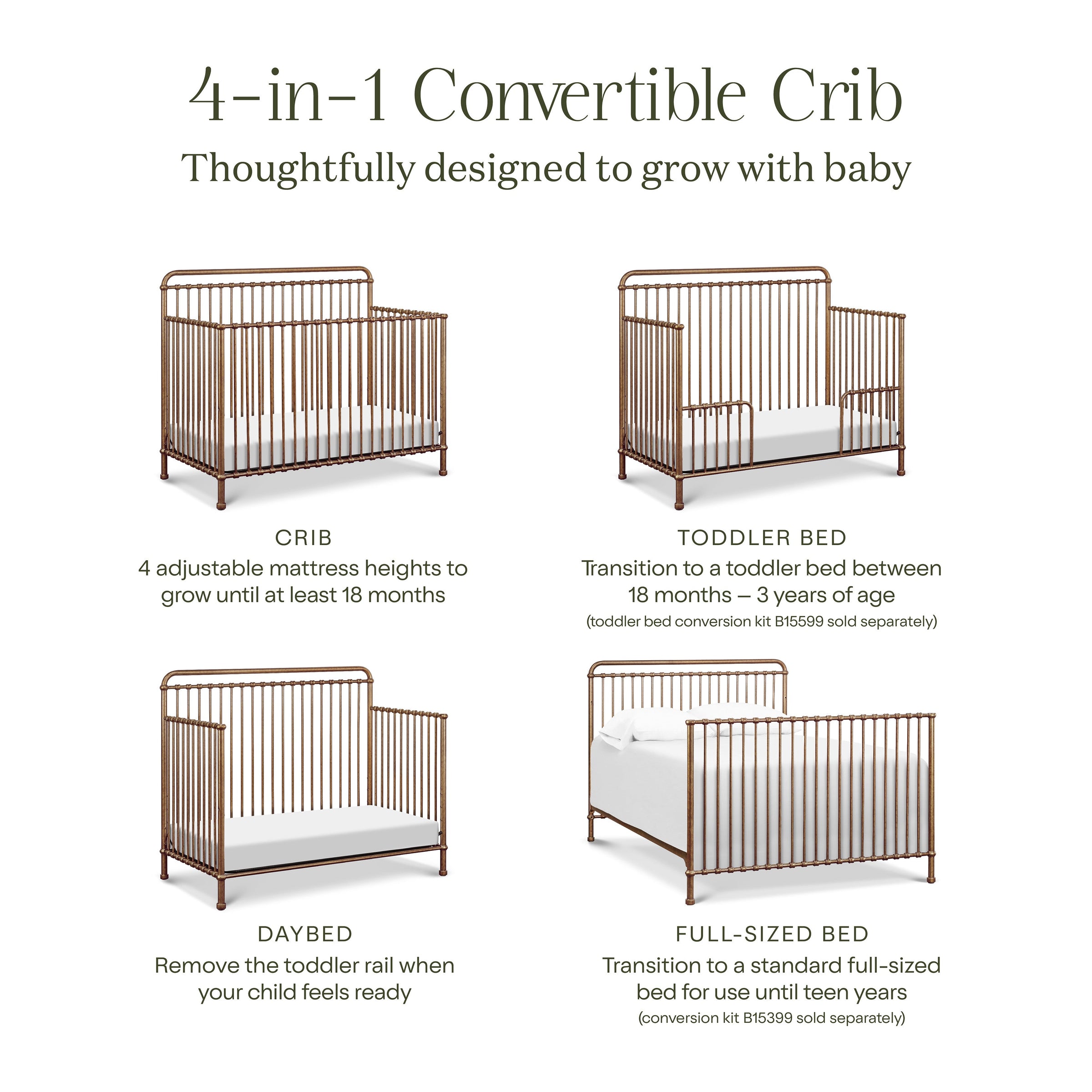 M15301VG,Winston 4-in-1 Convertible Crib in Vintage Gold