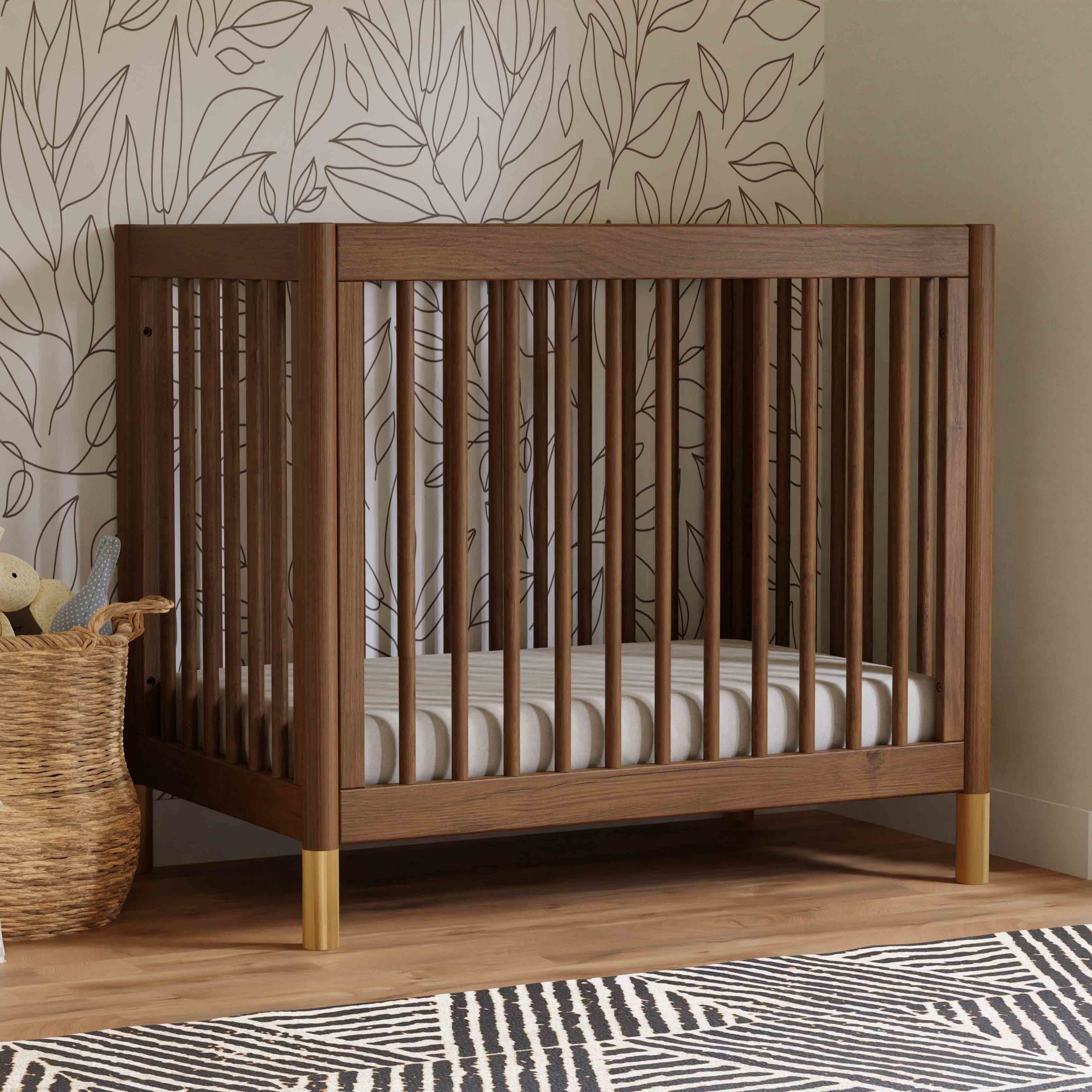M12998NLGLD,Gelato 4-in-1 Convertible Mini Crib and Twin bed in Natural Walnut Finish with Gold Feet