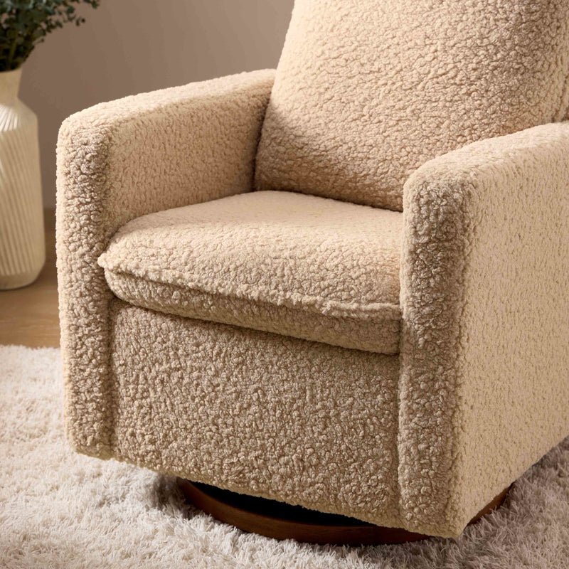 M20987CSGDB,Cali Pillowback Swivel Glider in Chai Shearling w/ Dark Wood Base