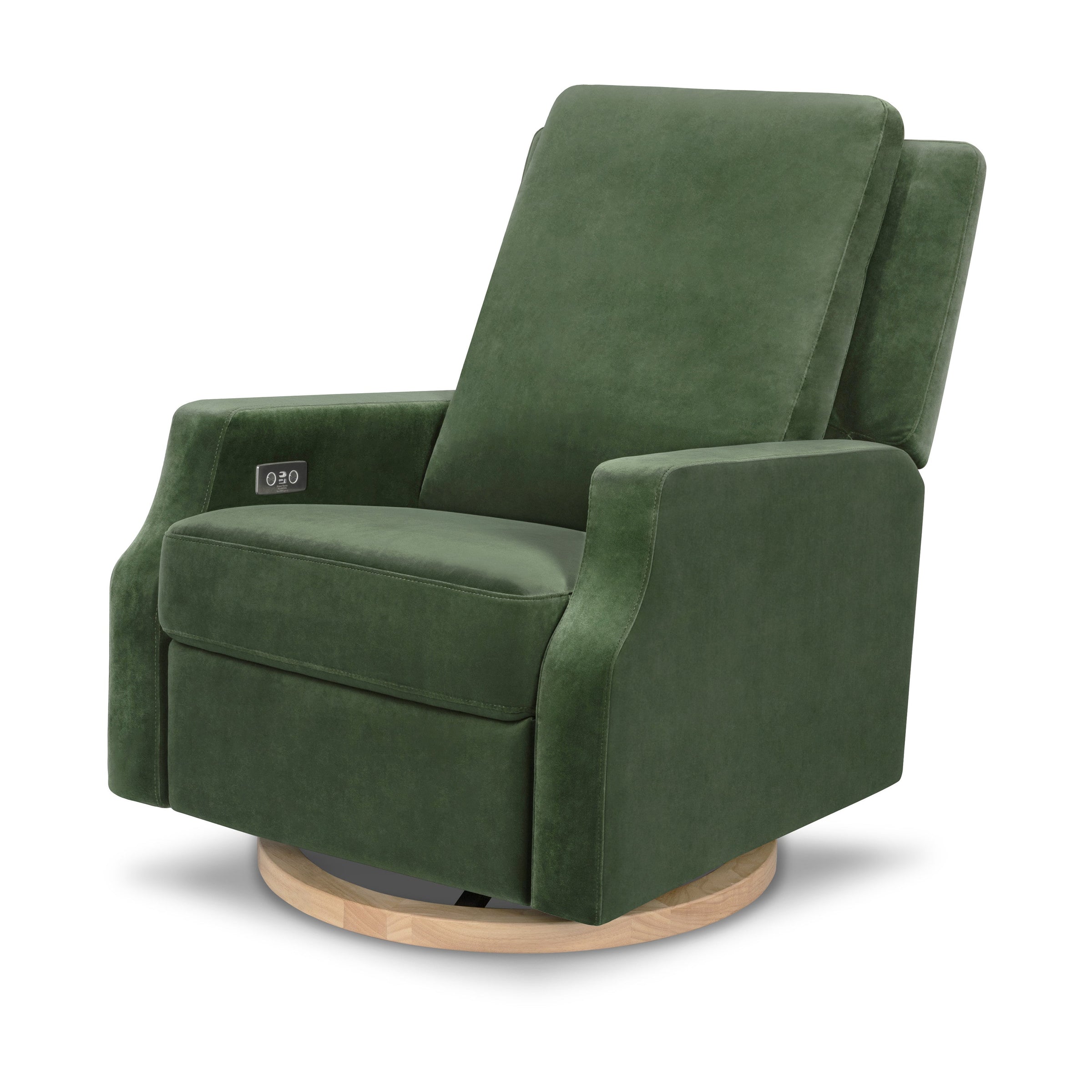 M22286FGVLB,Crewe Electronic Swivel Glider Recliner in Forest Green Velvet w/Light Wood Base