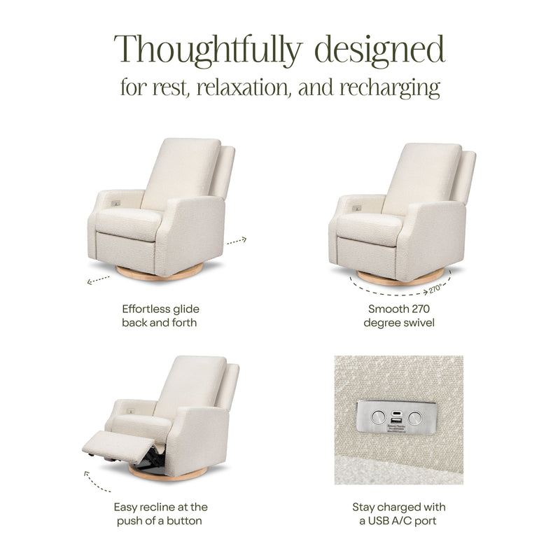 M22286WBLB,Crewe Electronic Swivel Glider Recliner in Ivory Boucle w/Light Wood Base