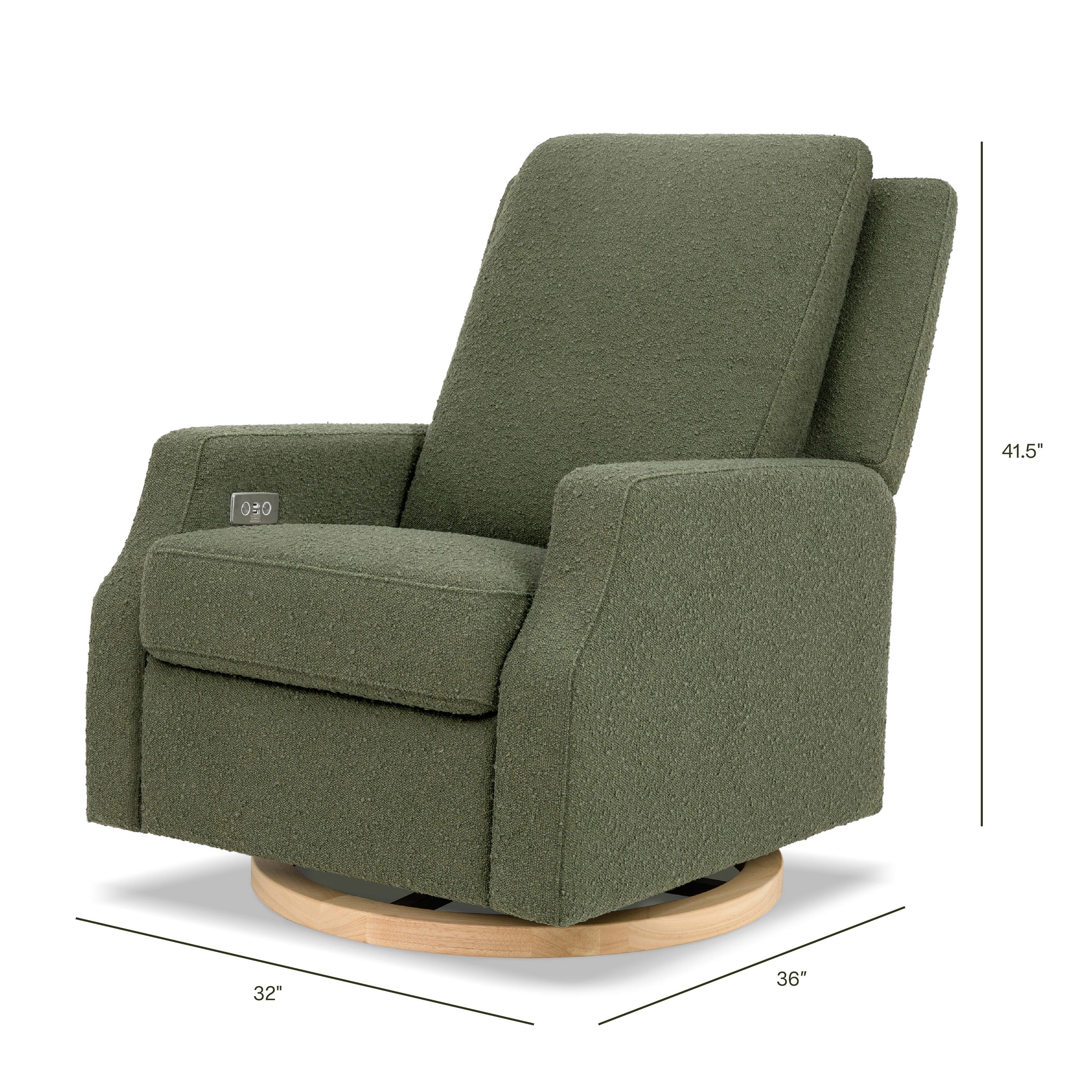 M22286OBLB,Crewe Electronic Swivel Glider Recliner in Olive Boucle w/Light Wood Base