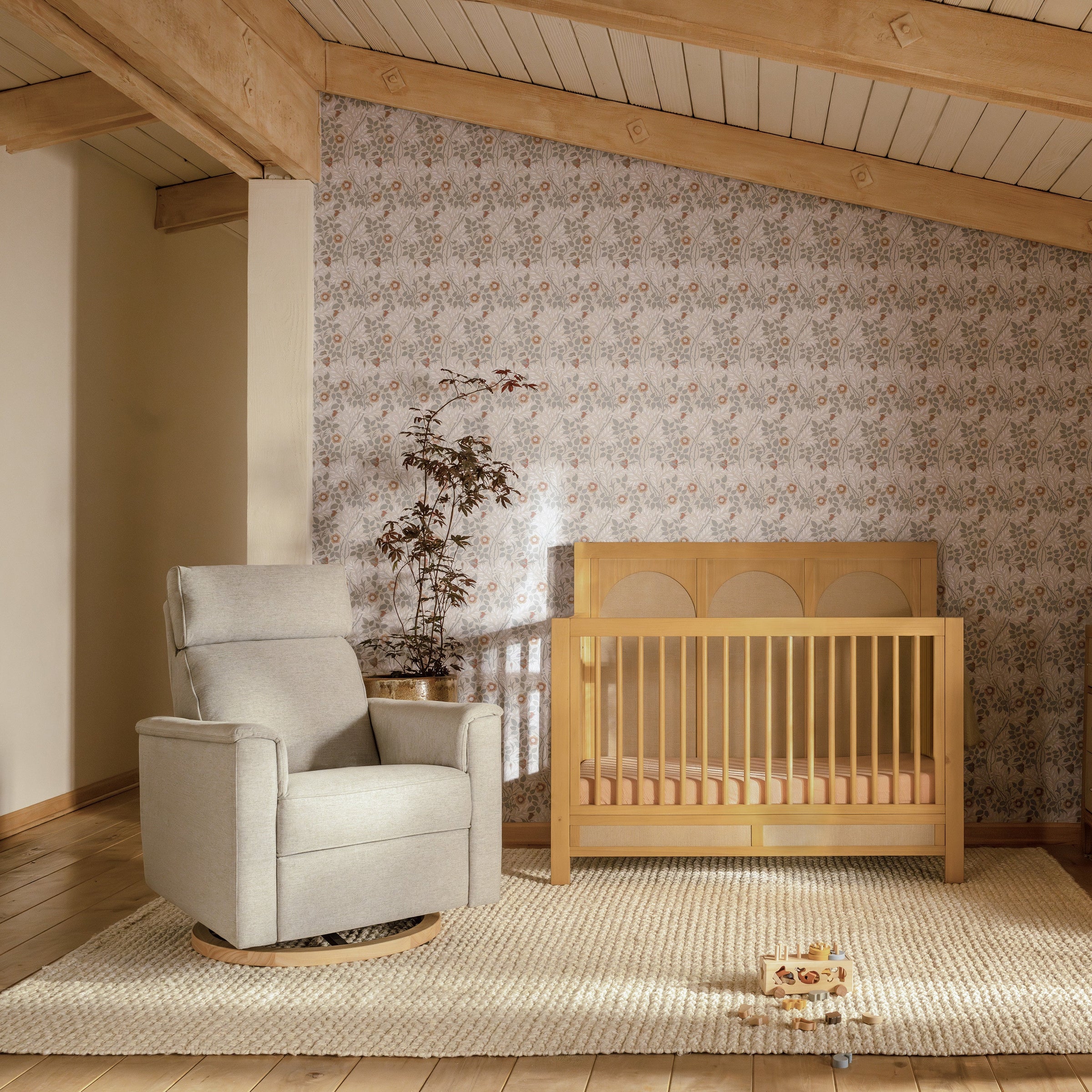 B17186PGEWLB,Willa Plus Power Glider Recliner w/ Power Headrest in Performance Grey Eco-Weave w/Light Wood Base