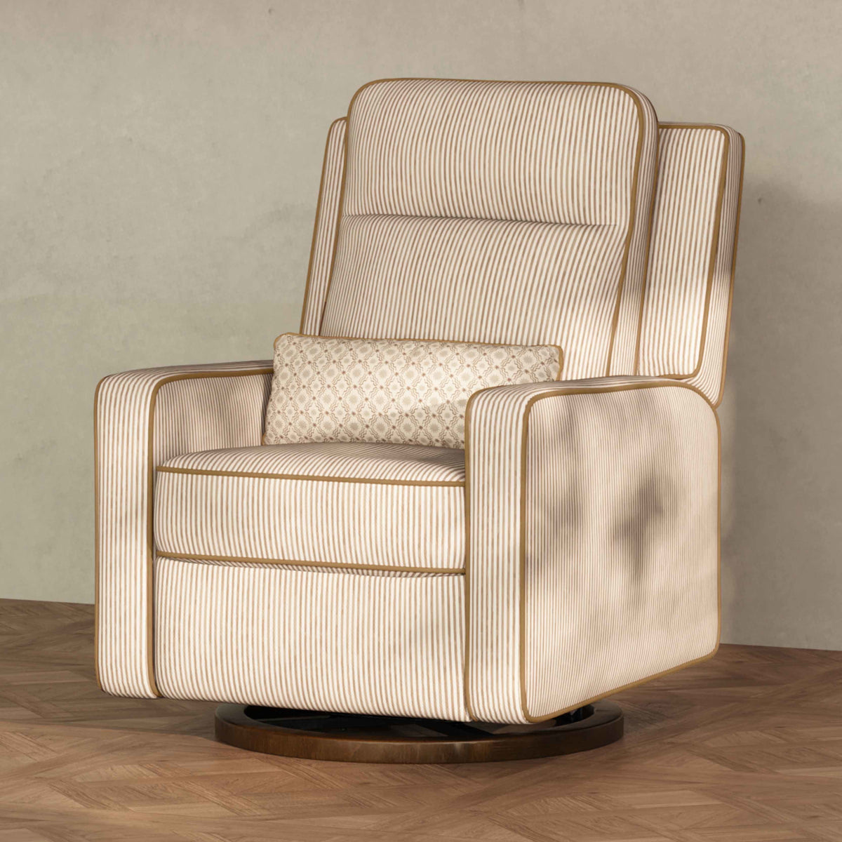 M23082BSCTB,Nate Berkus x Babyletto Sigi Pro Power Recliner in Perf Bronze Stripe Eco-Crossweave w/Toffee Base