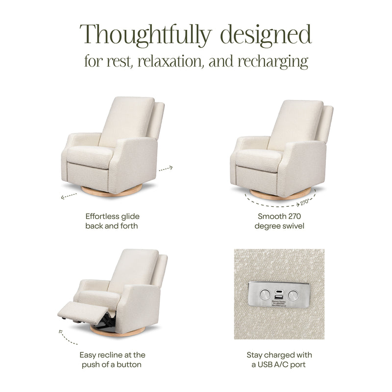 M22286WBLB,Crewe Electronic Swivel Glider Recliner in Ivory Boucle w/Light Wood Base