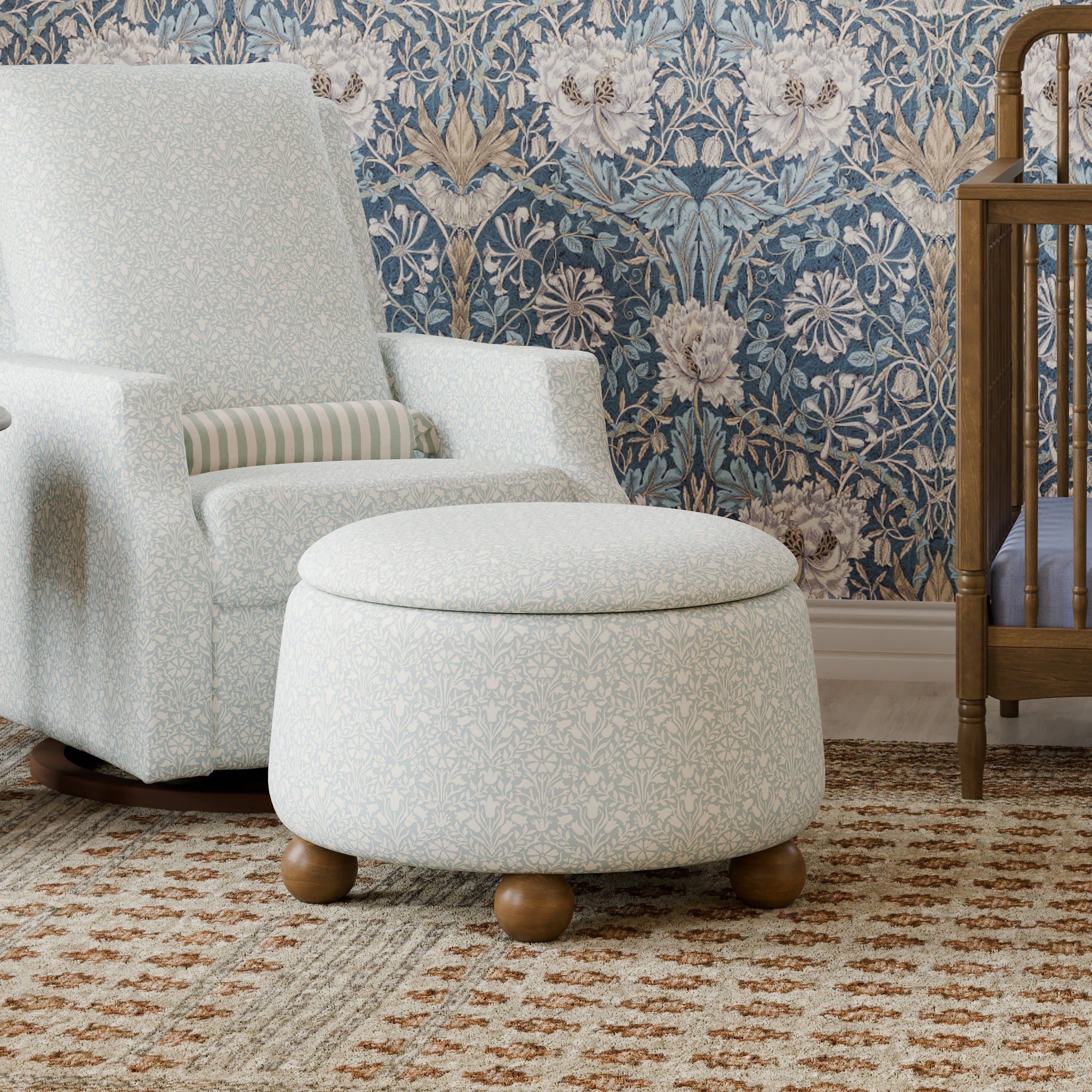 M30985BPBDF,Tuffet Storage Ottoman Bellflowers in Powdered Blue w/DarkWood Ball Feet