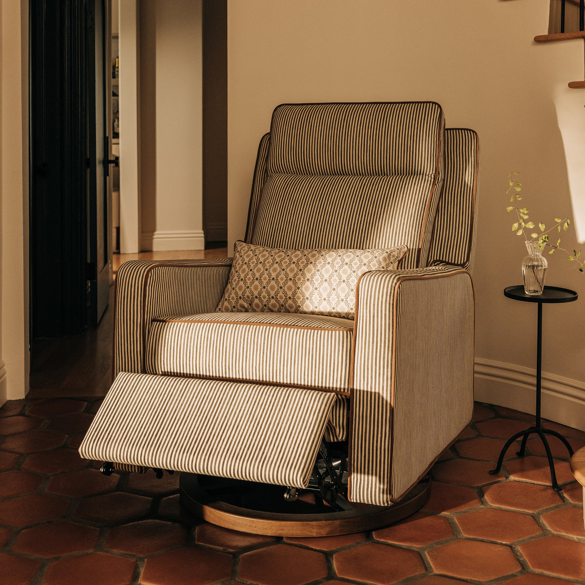 M23082OSCTB,Nate Berkus x Babyletto Sigi Pro Power Recliner in Perf Olive Stripe Eco-Crossweave w/Toffee Base