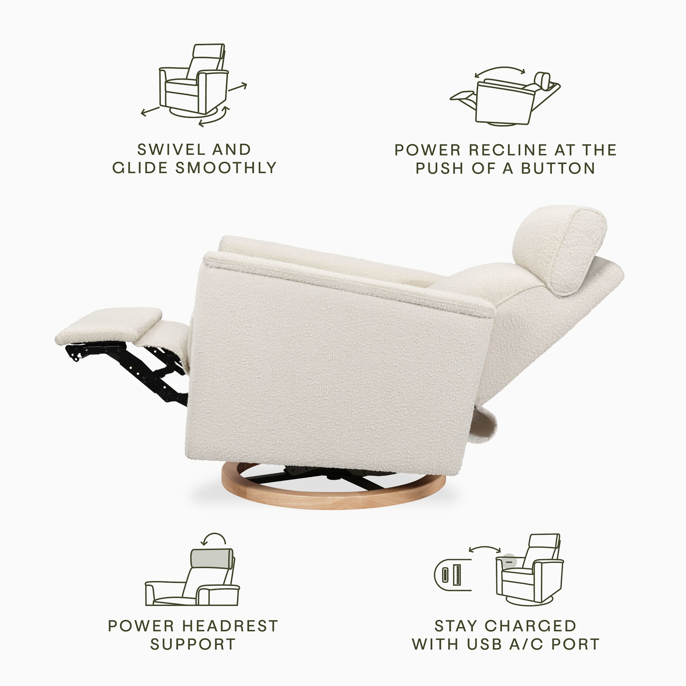 B17186WBLB,Willa Plus Power Glider Recliner w/ Power Headrest in Ivory Boucle with Light Wood Base