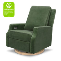 M22286FGVLB,Crewe Electronic Swivel Glider Recliner in Forest Green Velvet w/Light Wood Base