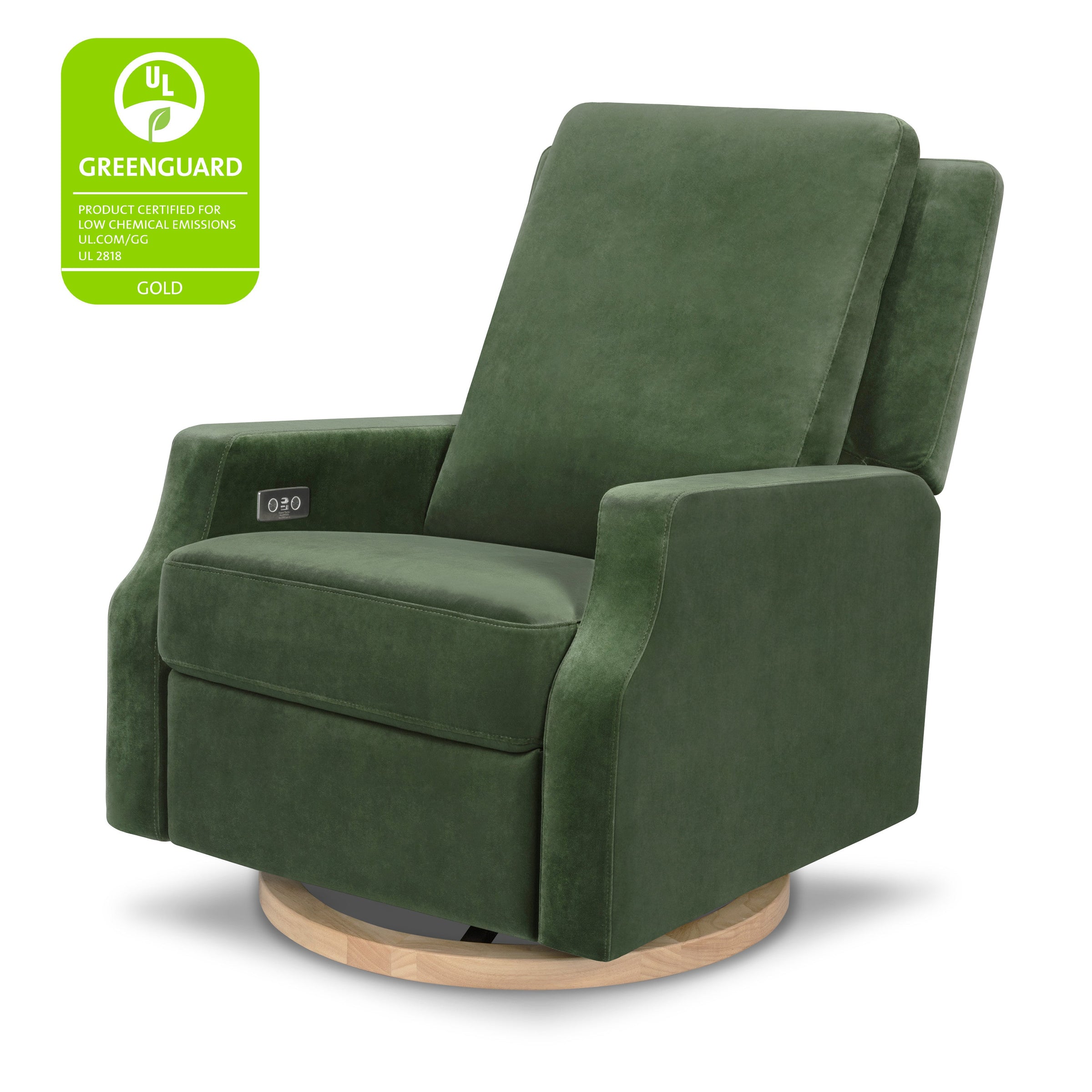 M22286FGVLB,Crewe Electronic Swivel Glider Recliner in Forest Green Velvet w/Light Wood Base