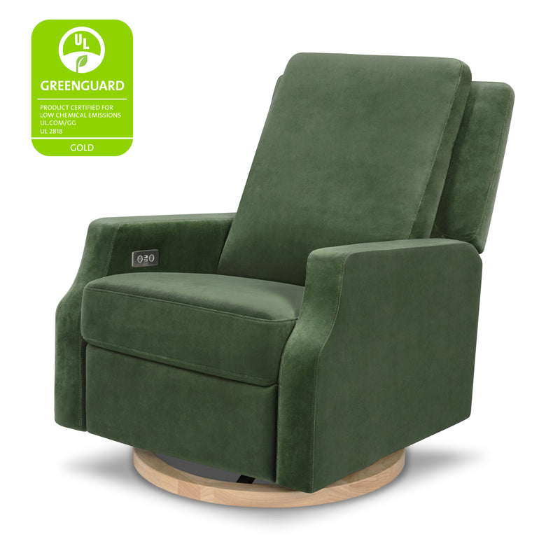 M22286FGVLB,Crewe Electronic Swivel Glider Recliner in Forest Green Velvet w/Light Wood Base