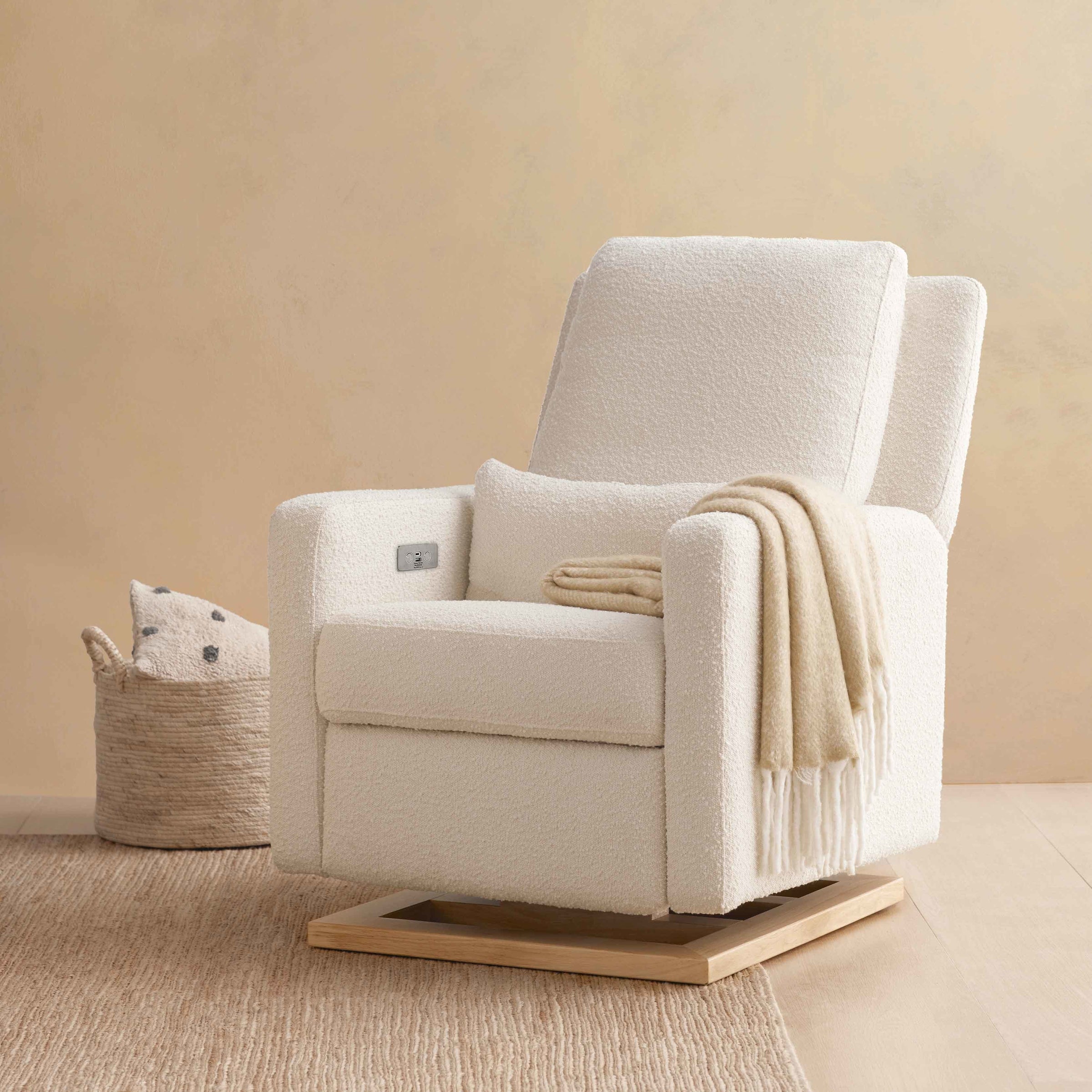 M23085WBLB,Sigi Glider Recliner w/ Electronic Control and USB in Ivory Boucle w/Light Wood Base