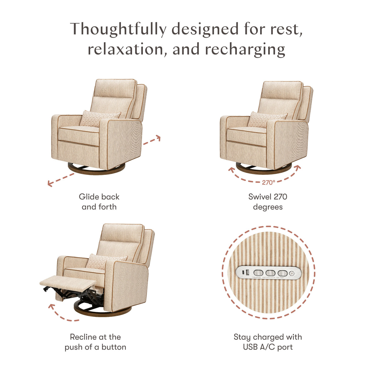 M23082BSCTB,Nate Berkus x Babyletto Sigi Pro Power Recliner in Perf Bronze Stripe Eco-Crossweave w/Toffee Base