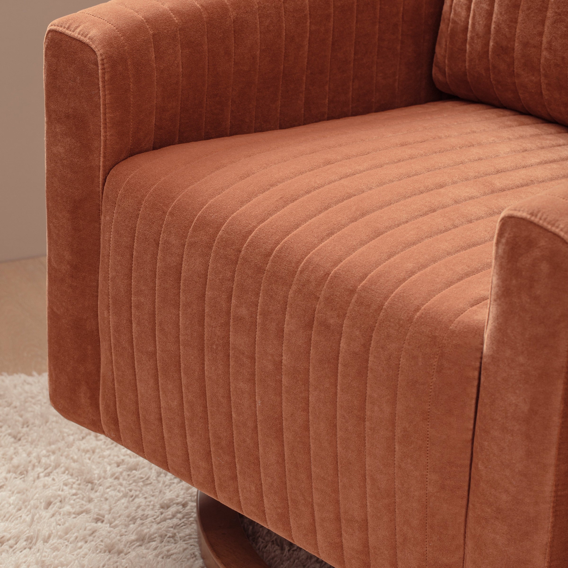 M26687RTVDB,Poe Channeled Swivel Glider in Rust Velvet with Dark Wood Base