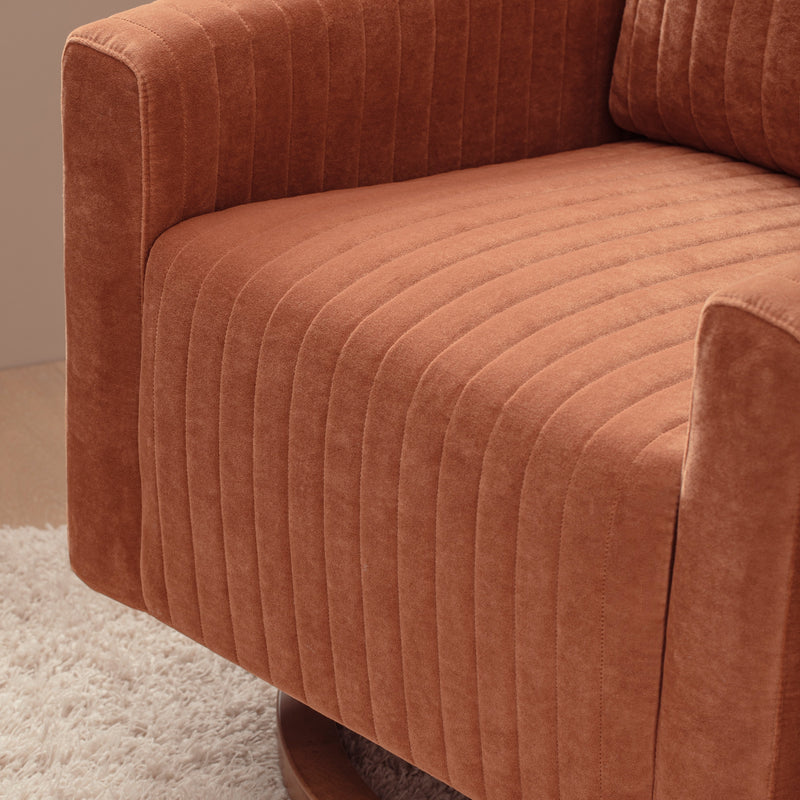 M26687RTVDB,Poe Channeled Swivel Glider in Rust Velvet with Dark Wood Base
