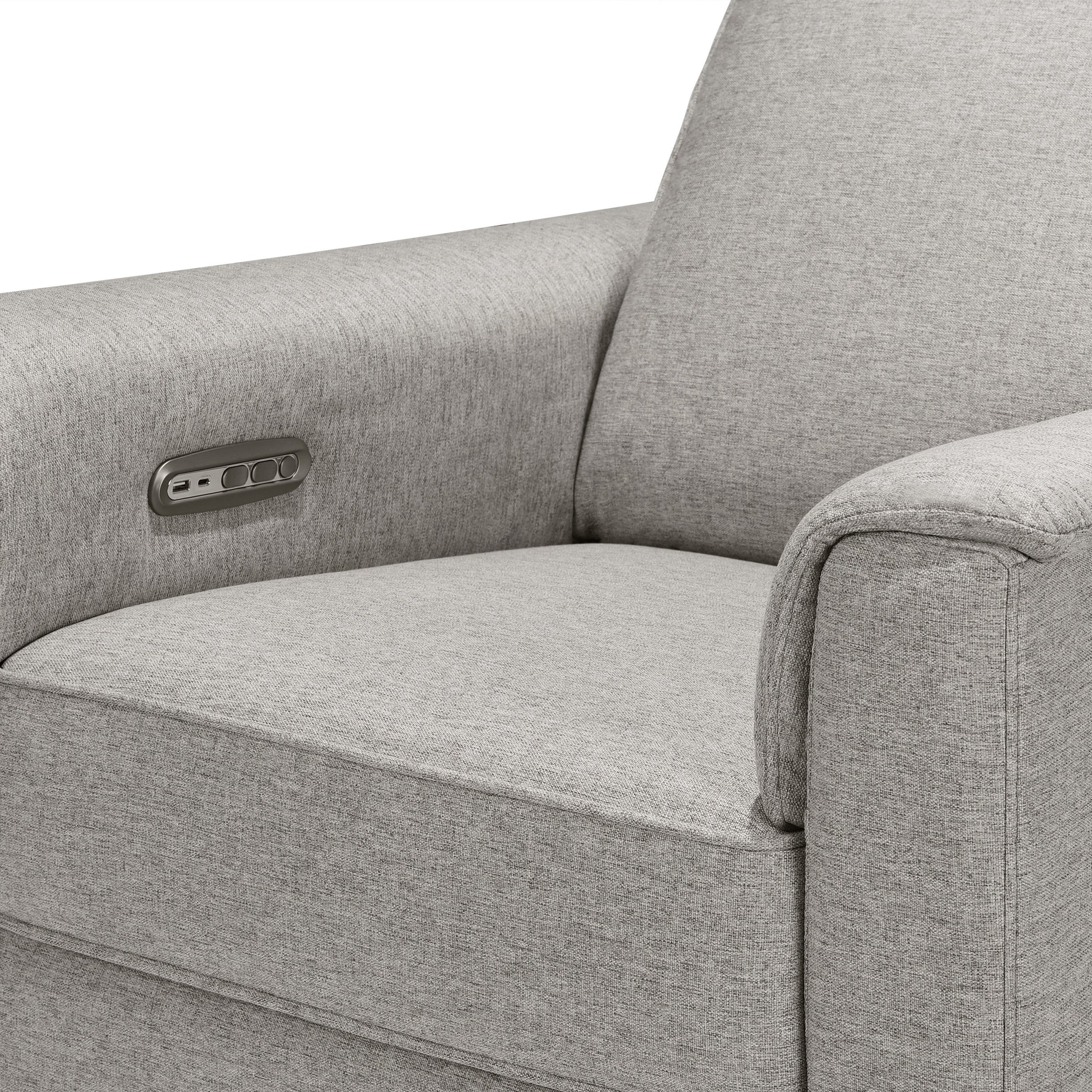 B17186PGEWLB,Willa Plus Power Glider Recliner w/ Power Headrest in Performance Grey Eco-Weave w/Light Wood Base