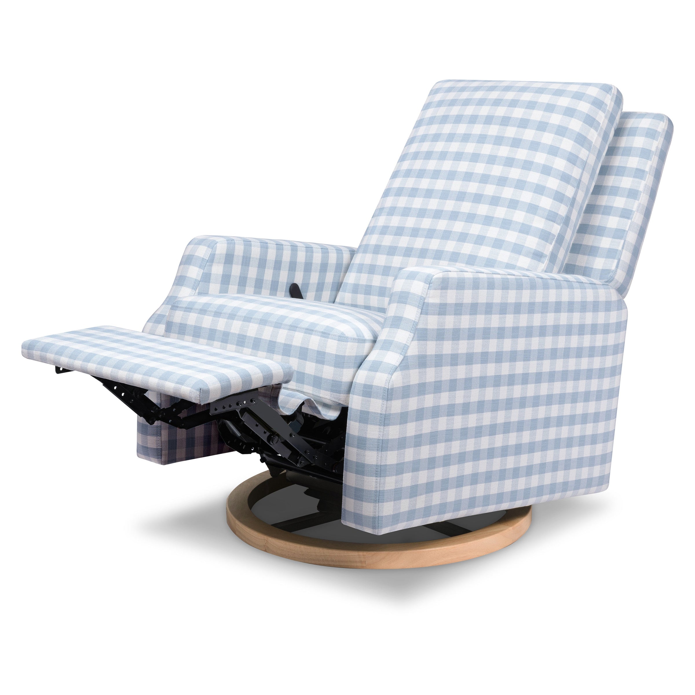 M22287BGHLB,Crewe Recliner and Swivel Glider in Blue Gingham with Light Wood Base