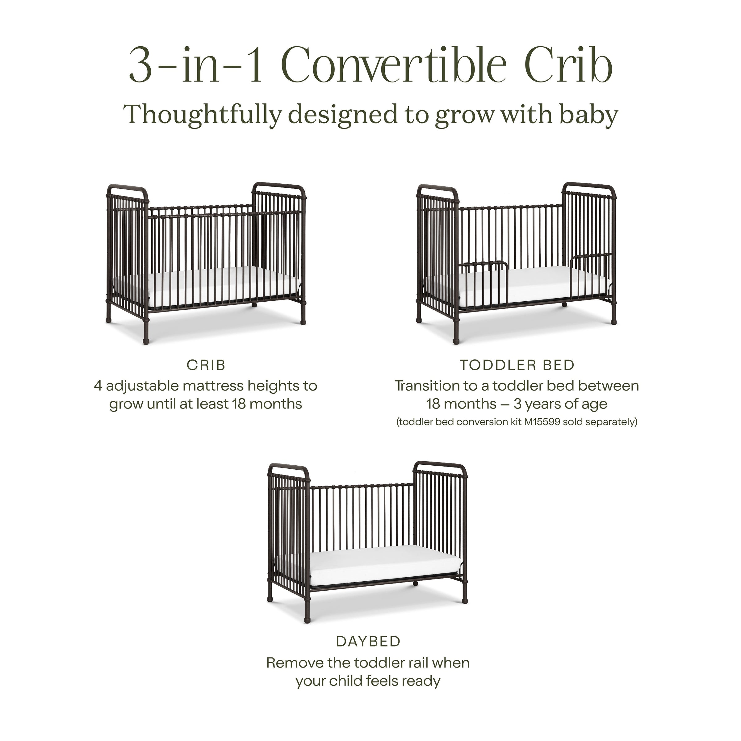 B15501UR,Abigail 3-in-1 Convertible Crib in Vintage Iron