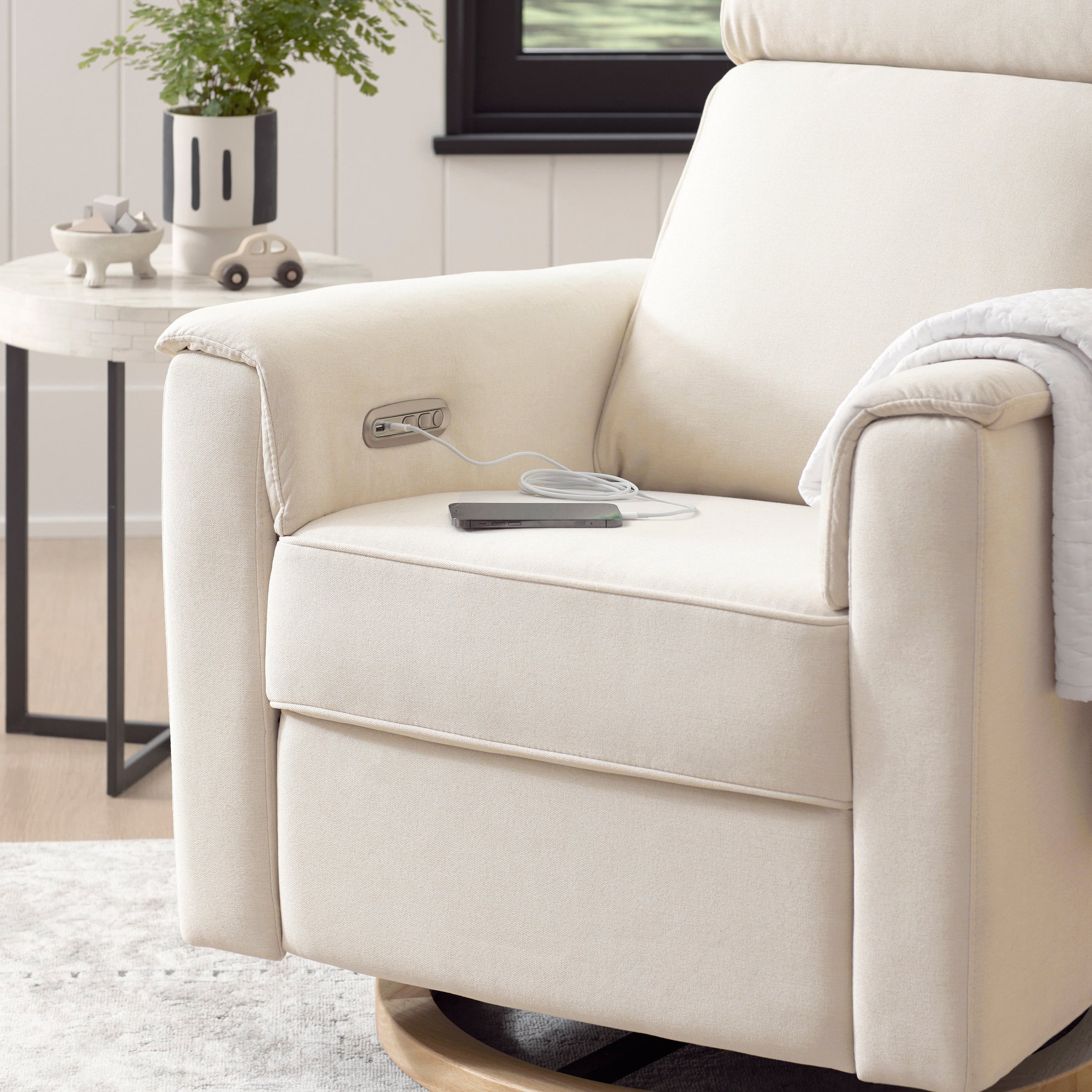 B17186PCMEWLB,Willa Plus Power Glider Recliner w/ Power Headrest in Performance Cream Eco-Weave w/Light Wood base