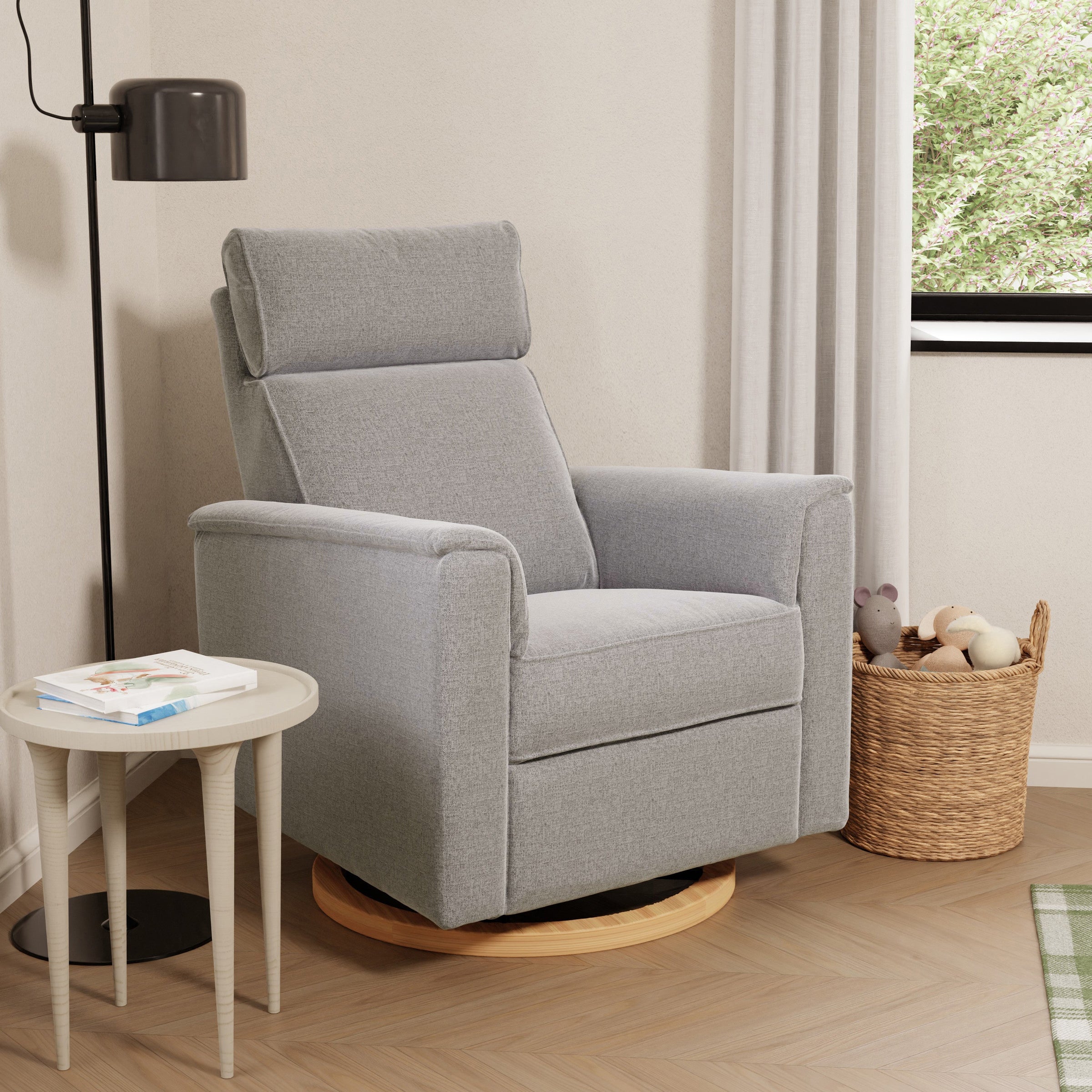 B17186PGEWLB,Willa Plus Power Glider Recliner w/ Power Headrest in Performance Grey Eco-Weave w/Light Wood Base