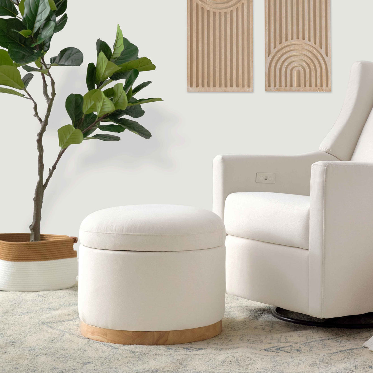 M22885PCMEWLB,Naka Storage Ottoman in Performance Cream Eco-Weave w/ Light wood base