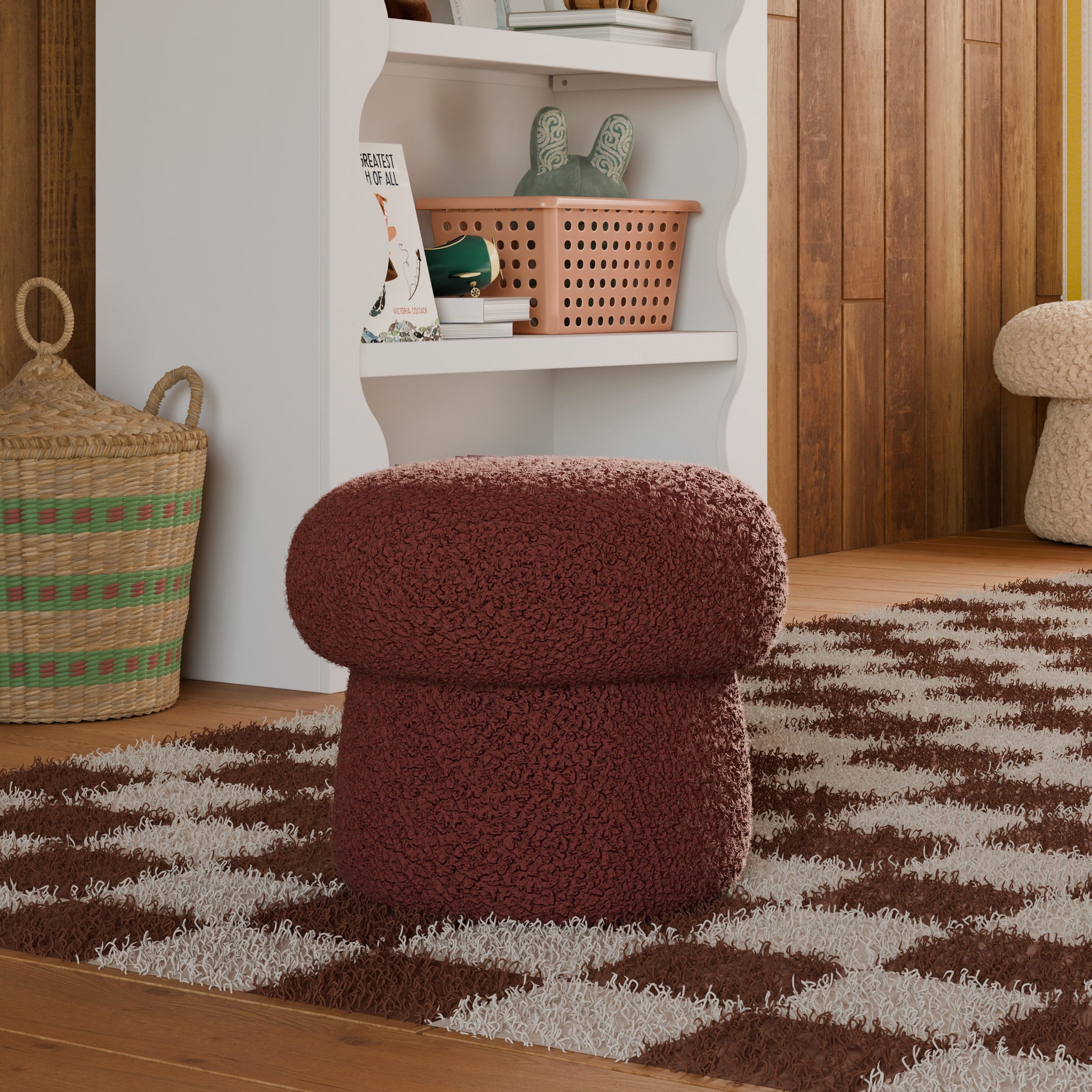 M31585RT,Mini Mushroom Pouf in Rouge Teddy Loop