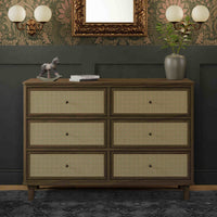 M23716NLBC,Marin with Cane 6 Drawer Assembled Dresser in Natural Walnut and Blonde Cane