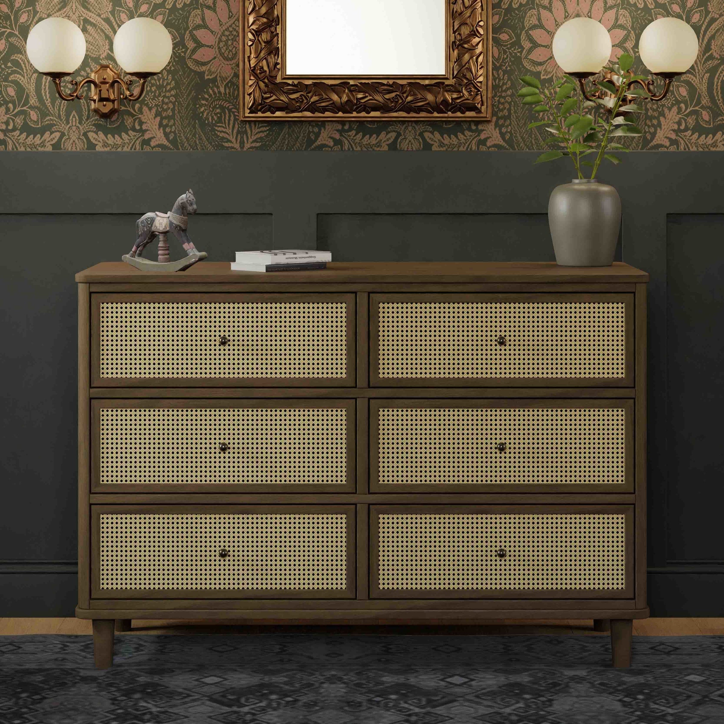 M23716NLBC,Marin with Cane 6 Drawer Assembled Dresser in Natural Walnut and Blonde Cane