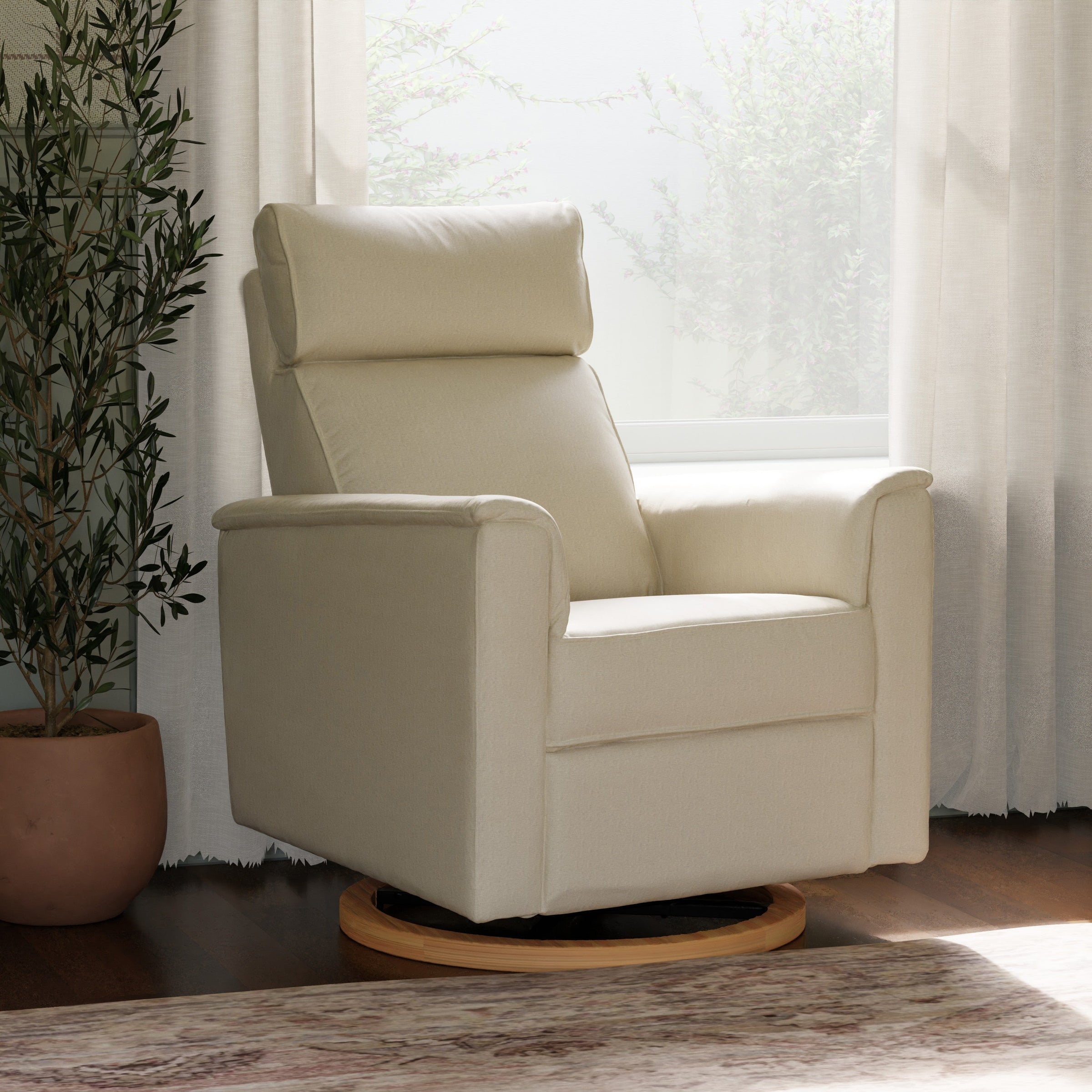 B17186PCMEWLB,Willa Plus Power Glider Recliner w/ Power Headrest in Performance Cream Eco-Weave w/Light Wood base