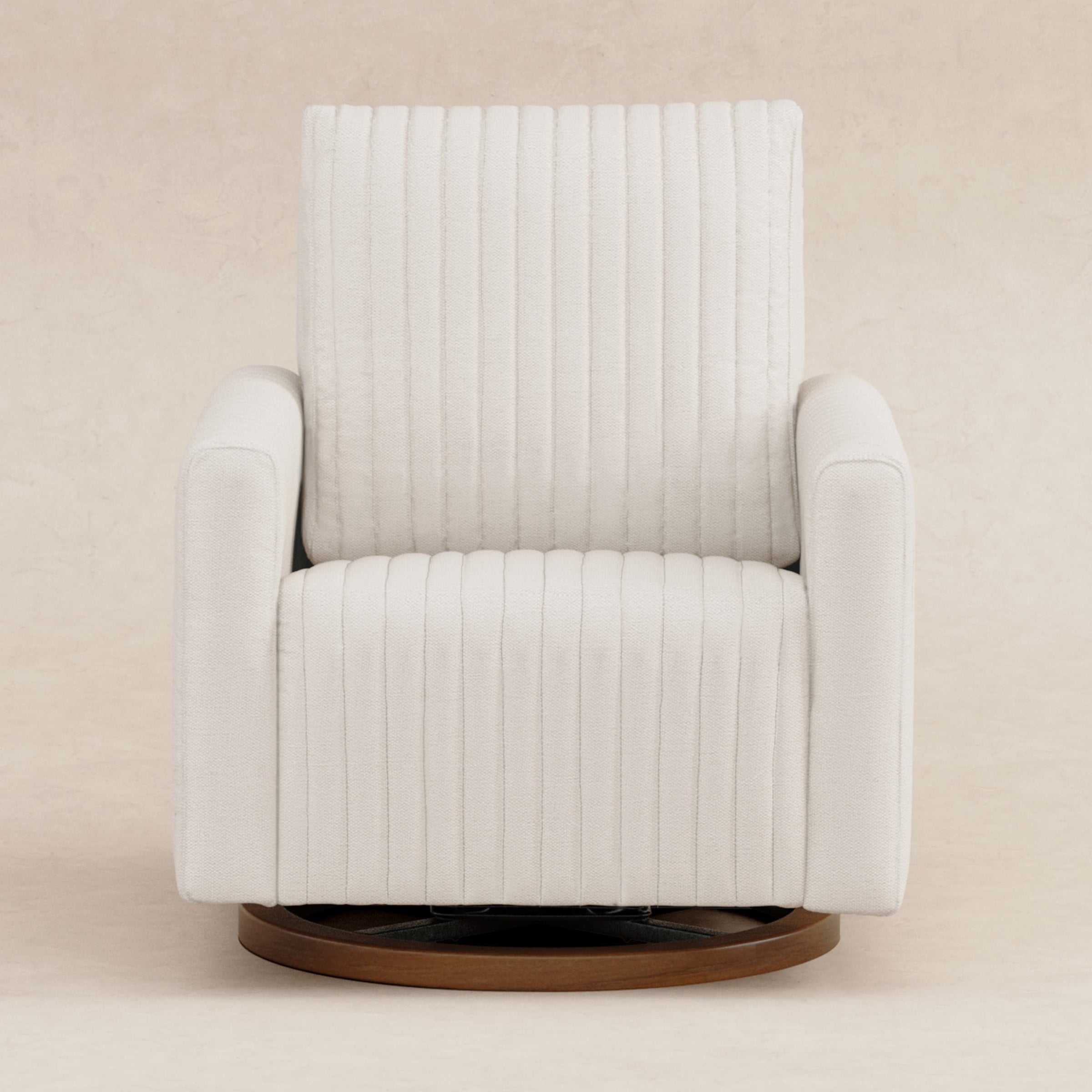 M26687PCMEWDB,Poe Channeled Swivel Glider in Performance Cream Eco-Weave w/ Dark Wood Base