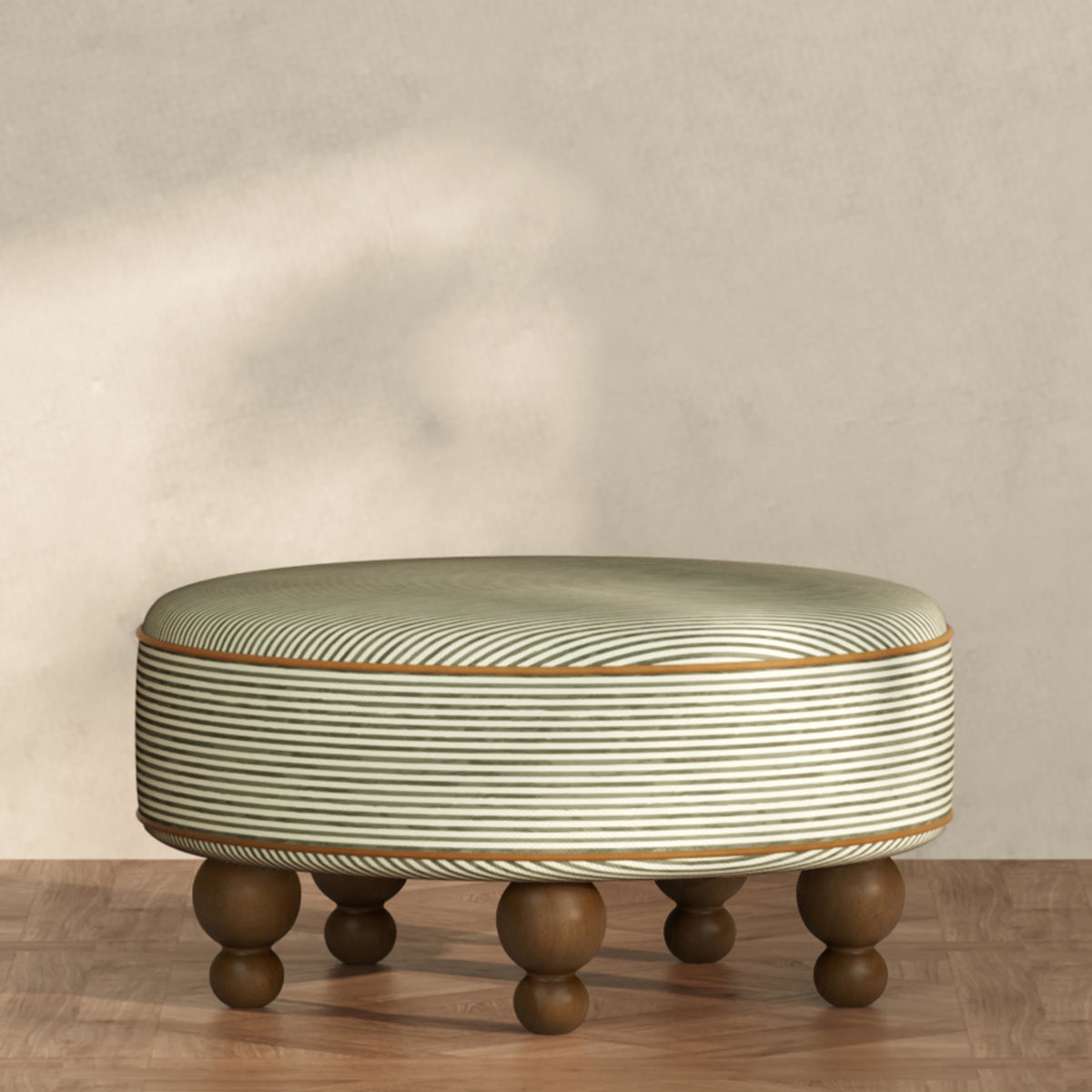 M33385OSCTF,Nate Berkus x Babyletto Astre Ottoman in Perf Olive Stripe Eco-Crossweave w/Toffee feet