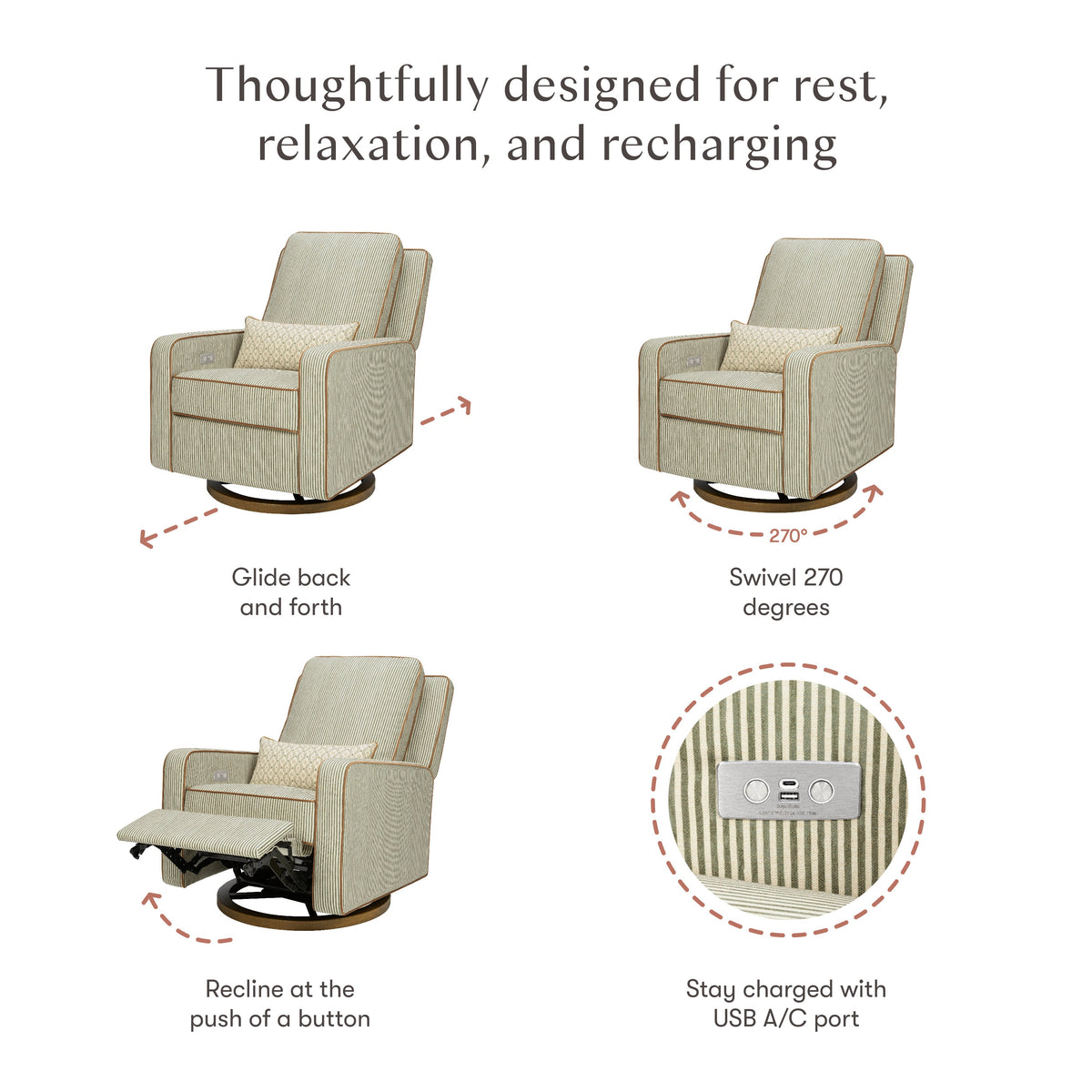 M23085OSCTB,Nate Berkus x Babyletto Sigi Power Recliner in Perf Olive Stripe Eco-Crossweave w/Toffee Base