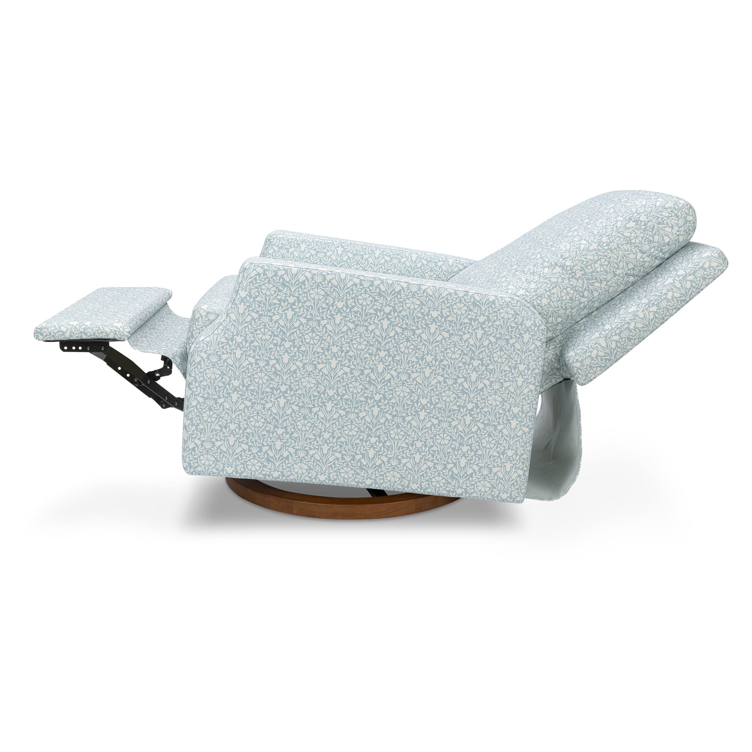 M22287BPBDB,Crewe Recliner and Swivel Glider in Bellflowers in Powdered Blue w/Dark Wood Base
