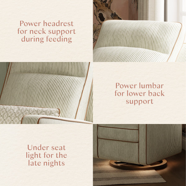 M23082OSCTB,Nate Berkus x Babyletto Sigi Pro Power Recliner in Perf Olive Stripe Eco-Crossweave w/Toffee Base