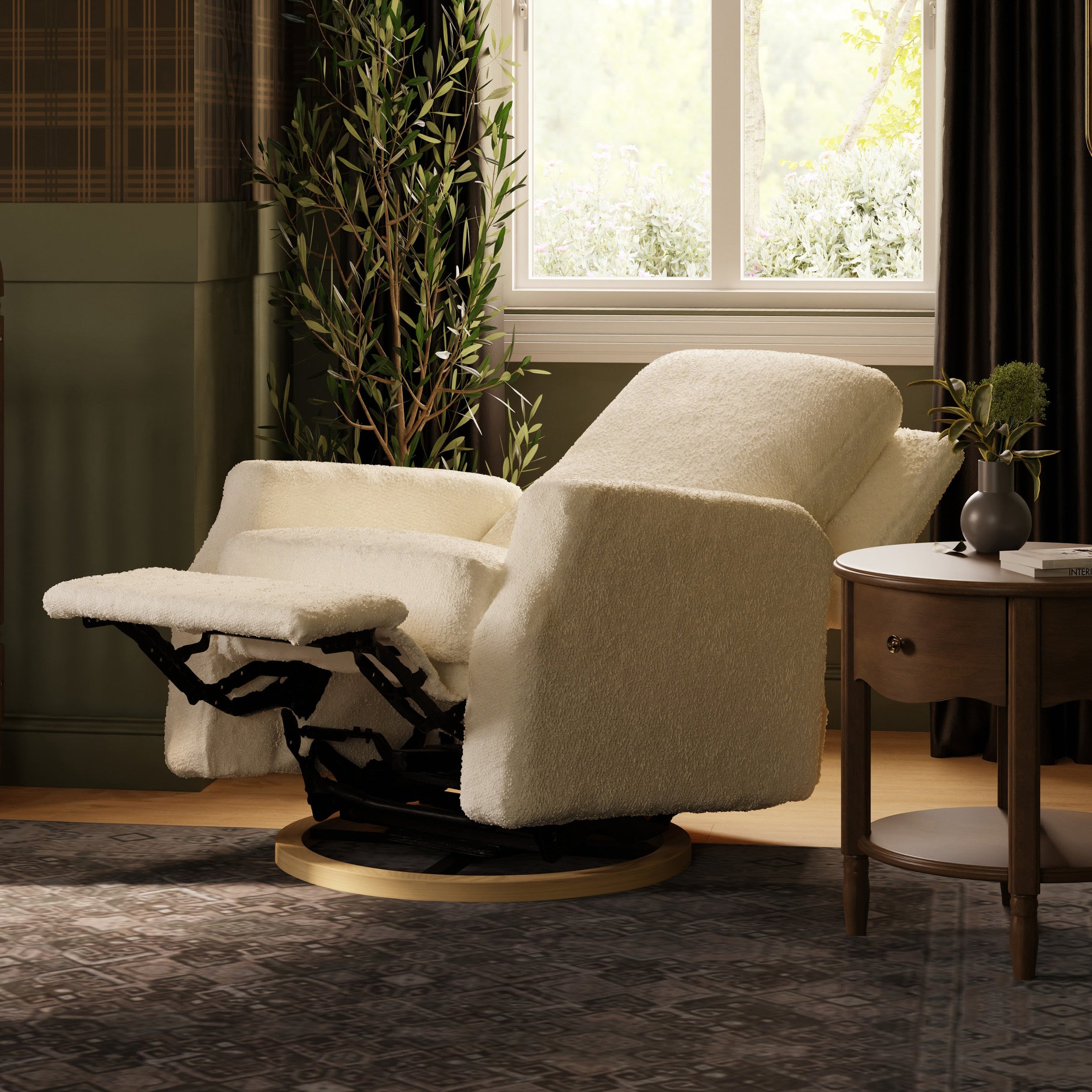 M22286WBLB,Crewe Electronic Swivel Glider Recliner in Ivory Boucle w/Light Wood Base