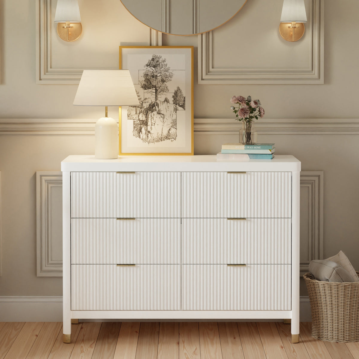 M26716RW,Brimsley Tambour 6-Drawer Assembled Dresser in Warm White