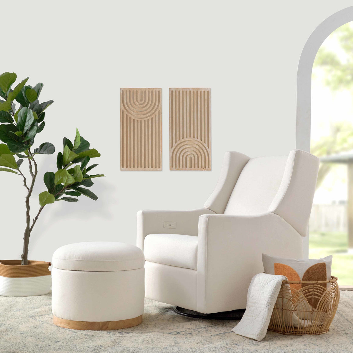 M22885PCMEWLB,Naka Storage Ottoman in Performance Cream Eco-Weave w/ Light wood base