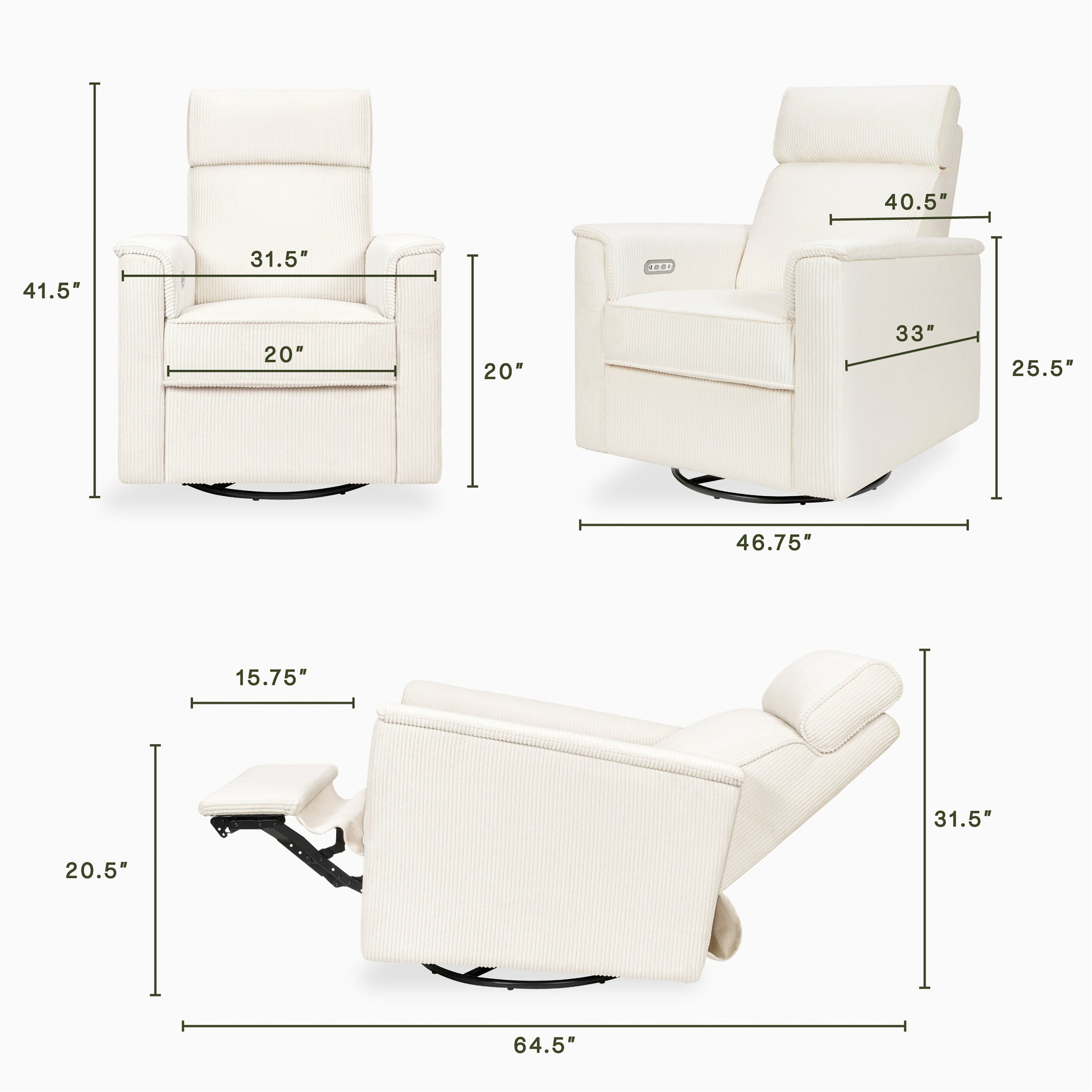 B17186YC,Willa Plus Power Glider Recliner w/ Power Headrest in Ivory Corduroy
